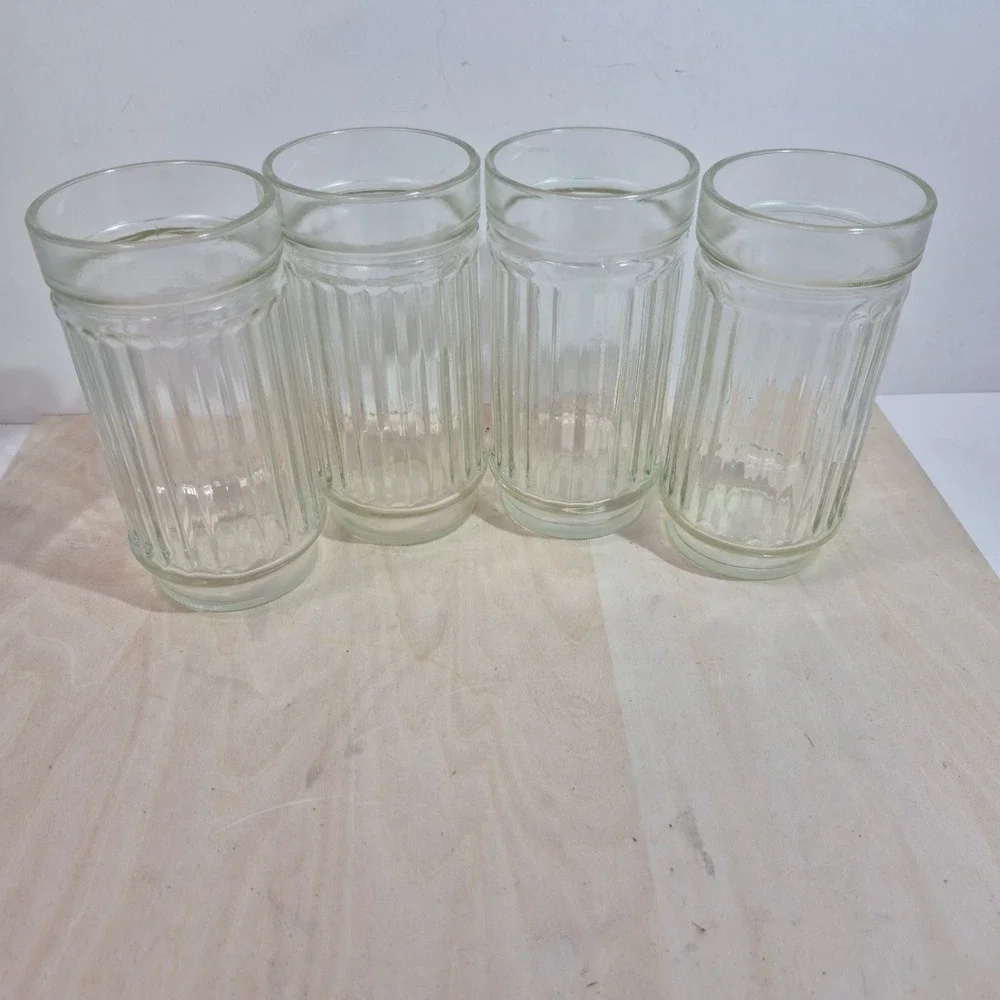 Vintage Ribbed Glass Tumblers Set of 4 Clear Fluted Drinking Glasses 5.5 Inch